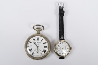 Lot 94 - A late 19th century Limit British Railway nickel manual top wind open face pocket watch and a Waltham wristwatch
