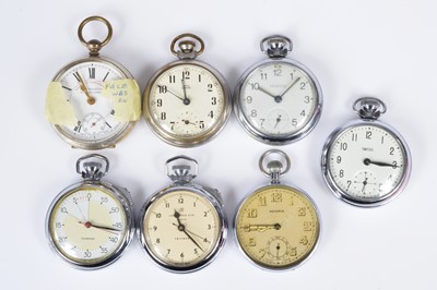 Lot 102 - Six pocket watches and a stopwatch