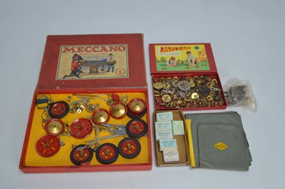 Lot 445 - Pre-war boxed Meccano Set E various small parts boxed  and loose gears and couplings and other parts (qty)