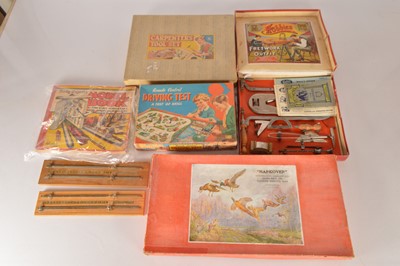 Lot 458 - Chad Valley Shooting Game Hobbies and SEL Carpenter sets Merit Driving Test and Daily Express 1930's card Model Book and Snooker score boards (8)