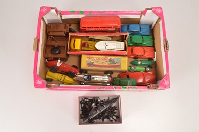Lot 462 - Collection of mostly plastic Cars  and commercial vehicles and boats by various makers including Brimtoy Beeju and others and Lone Star mini sub and Divers/Frogmen (16 + 27 Divers)