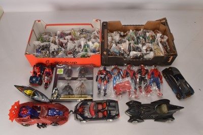 Lot 512 - Large collection of plastic Action approx 6"- 8" Figures by Marvel and other makers and Spiderman 10" Figure and Vehicles including Batman Cars (85+)
