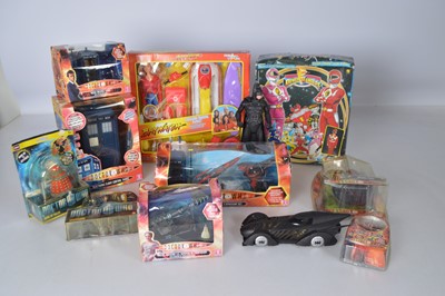 Lot 514 - Collection of boxed 1990's BBC Dr Who Toys and Figures and Power Rangers and Baywatch set and unboxed Batman Bubble Bath containers (12)