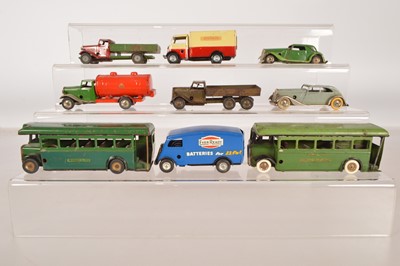 Lot 522 - Collection of Tri-ang Minic Tinplate clockwork Vehicles including a good repainted Van in Ever Ready blue (9)
