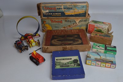 Lot 527 - Various Tinplate and other metal and plastic  Toys including Marx Speedway Veteran Cars Chad Valley Car Tin  and Tri-ang plastic Tank and Tri-ang and Scalecraft Empty Boxes  (14)