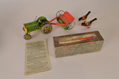 Lot 532 - Mettoy clockwork Tractor and mowing machine clockwork Pecking birds and Hornby Boat empty box (6)