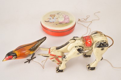 Lot 536 - Moko Muffin the Mule Beatrix Potter Huntley and Palmers Tin and modern clockwork Pecking bird (3)