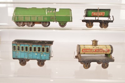 Lot 542 - German Einfalt/Technofix  tinplate approx HO Gauge light green clockwork Streamline Locomotive and similar Gauge Hess floor wagons and Coach (4)