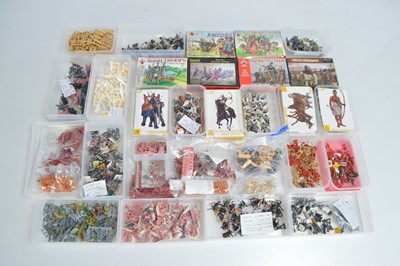 Lot 582 - Large collection 1/72 Scale mostly Medieval Armies and Warriors  by various makers many with bases for wargaming (7 Card boxes, 8 medium boxes, 9 standard food plastic boxes, one small box, 8 bags)