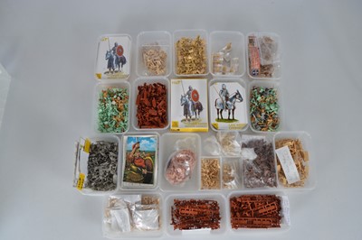 Lot 587 - Large collection 1/72 Scale Ancient Warriors plastic by various makers (one card box, 17  Standard food boxes, small box and 2 bags)
