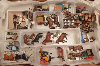 Lot 610 - Modern and repainted Britains  Diecast 1:32 scale Farm Commercial and Civilian Horse Drawn Carts and various Figures Horses and Accessories (60+ pieces)
