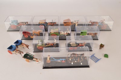 Lot 611 - Modern and repainted Britains and other makers Diecast 1:32 scale Farm Commercial and Civilian Horse Drawn Carts  (13 Carts + Horses and Figures)