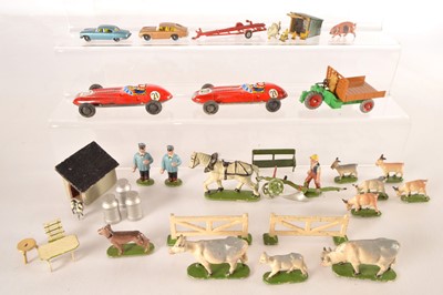 Lot 629 - Wendal and Britains Farm Animals and Accessories Tin Toy Racing Cars Dinky Motor Cart Dolls House Furniture and Husky Cars (40)