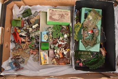 Lot 634 - Lead farm items by various makers including John Hill and Timpo comprising Britains boxed 130F Farm Trailer, box F, gate hinge damaged
