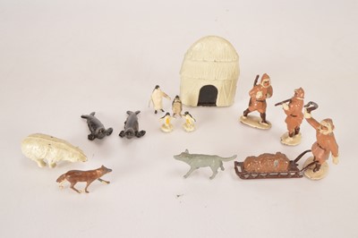 Lot 637 - Timpo Arctic Explorers / Eskimo figures comprising Igloo, Sled, Polar Bear, Eskimos (3), Penguins (2), Seals (2), all VG