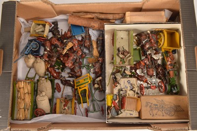 Lot 638 - Horse-drawn farm implements by various makers including Charbens and Britains comprising Wend al aluminium tumbrel cart, VG, box for Charbens Hay Cart, and Crescent Farmer's Market Wagon (2)