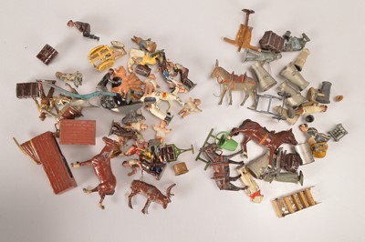 Lot 644 - Slightly less common farm people and related items by various makers including Britains and Hill comprising Stoddart babies (6), Benbros girl in straw hat, Salco Muffin the Mule