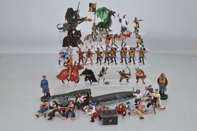 Lot 665 - Lot of painted plastic figures, mainly Britains comprising Herald 'Eyes Right' and solid ACW (18), with cannons (2), spare horses (3), a few animals, other makes in khaki