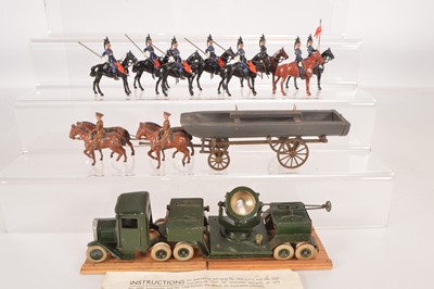 Lot 669 - Britains unboxed items comprising pre WW2 Underslung Lorry with Searchlight with original instruction sheet, peak-cap version Pontoon Section