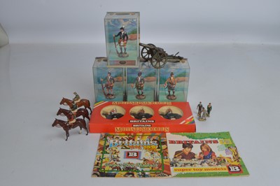 Lot 671 - A small selection of lead figures and related items by Taylor & Barrett, and Marklin comprising Britains Famous Racing Colours horses (3), and riders (3) - all whips missing