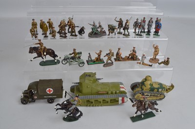 Lot 676 - A lot of loose white metal WWI themed figures including British Whippet Tank, French FT17 tank, Clyno machine gun motorcycle