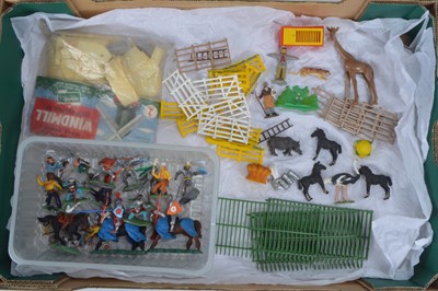 Lot 684 - A small collection of plastic figures and animals mainly by Britains Herald and F G Taylor comprising mounted (2), and foot (4), Swoppet knights