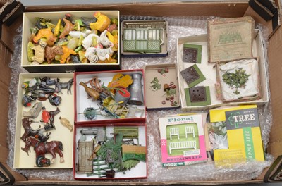 Lot 686 - A small collection of lead, plastic, and chalk-ware civilian items comprising Britains Miniature Gardening set 3 MG - box P, contents seem complete, Britains Green house - 1 end damaged
