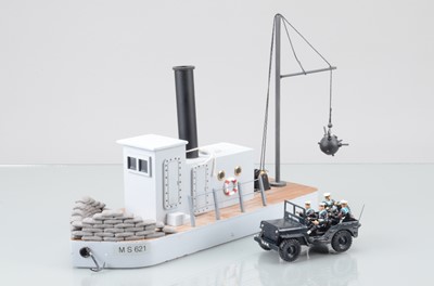 Lot 687 - British Toys Soldier Company WWI Royal Navy Minesweeper, and Toy Army Workshop Royal Navy Patrol Jeep and Crew (4)