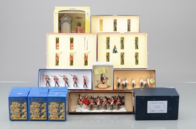 Lot 712 - New Metal figures by various makers including PMD and Rank & File comprising The Guards Toy Soldier Centre (S & S Miniatures) set RAF Regiment marching with mascot and Colours, (10 figures + flag)