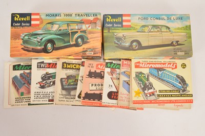 Lot 734 - Pair of Revell Cadet Series British unmade Car kits approx 1/40 scale and 12 Micromodels Card kits including Festival of Britain Skylon and various Train related (14)