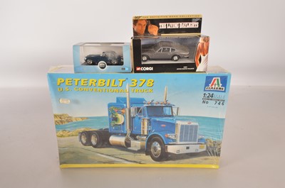 Lot 738 - Italeri boxed unmade Peterbilt Truck kit and Corgi and Oxford Diecast Cars (3)
