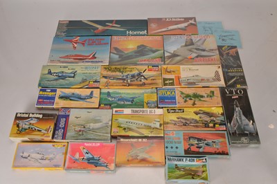 Lot 742 - Mostly American and UK manufacturers boxed unmade various scales mainly Military Aircraft plastic kits and three Balsa Flying Model kits (24)
