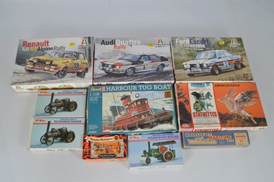 Lot 748 - Italeri Revell Keilkraft plastic Philmar  Aluminium and Modelcraft Balsa boxed unmade various scales  Cars  Ships Steam Rollers and Eagle Models kits (10)