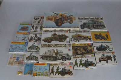 Lot 757 - Esci 1/9 BMW Motorbike and Sidecar and Tamiya and Italeri  1/35 scale boxed WW2 mainly German Military Vehicles and  Soldiers and Accessories (23)