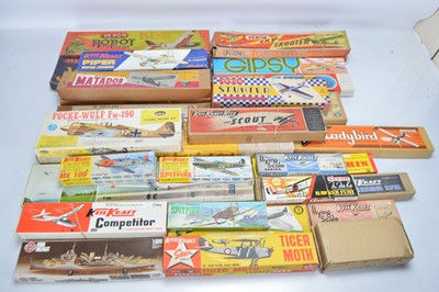 Lot 764 - Large collection of boxed unmade Balsa wood kit Aircraft by various makers and several empty boxes (20 boxed kits and 10 Empty boxes)