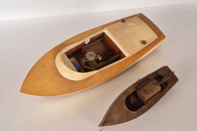 Lot 766 - Petrol Engine wooden Model Launch and small tinplate Live steam boat (2)