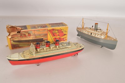 Lot 777 - Perfection Toy Tinplate clockwork 'Queen Mary' Line and unmotorised Tinplate Tug (2)