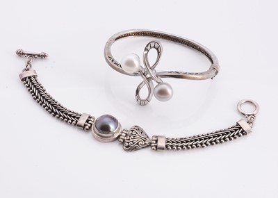 Lot 159 - A silver & pearl bracelet, with white metal & pearl bangle