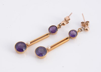 Lot 178 - A pair of yellow gold amethyst drop bar earrings