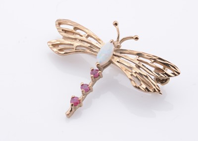 Lot 194 - A yellow metal damsel fly opal & simulated ruby set brooch