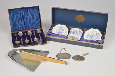 Lot 353 - A set of six silver coffee spoons and two silver decanter labels