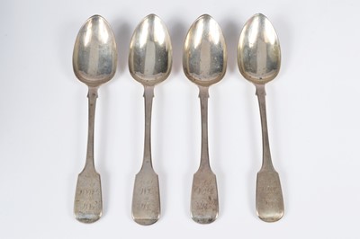 Lot 408 - A set of four George IV silver fiddle pattern table spoons by CPT