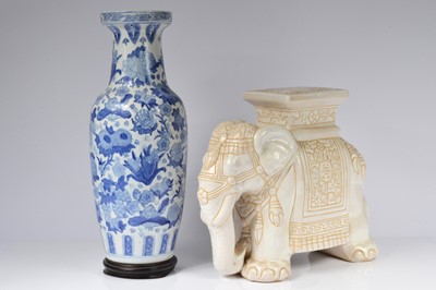 Lot 70 - A large modern Chinese blue and white porcelain vase and a pottery elephant seat