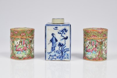 Lot 80 - A pair of Chinese Canton porcelain circular pots and covers and a European tea caddy