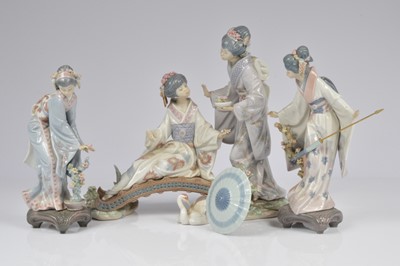 Lot 151 - Three Lladro porcelain Geisha figural groups