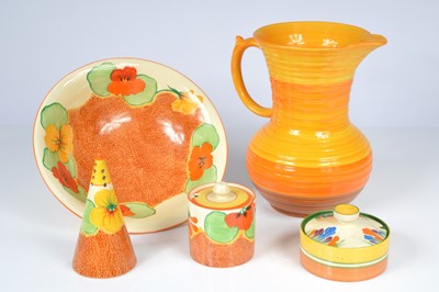 Lot 163 - Four Art Deco period Clarice Cliff Bizarre pottery items and a Shelley Pottery jug