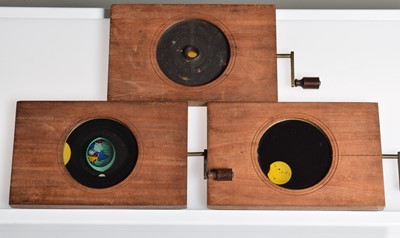 Lot 14 - Three Mahogany Mounted Hand Cranked Coloured Astronomy Hand Cranked Rotary Magic Lantern Slides