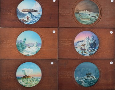 Lot 20 - Seven Carpenter & Westley 7x3½'' Mahogany  Mounted 3'' Diameter Hand Painted Magic Lantern Slides