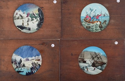 Lot 21 - Five 7x4½ Mahogany Mounted 3'' Diameter Hand Painted Magic Lantern Slides